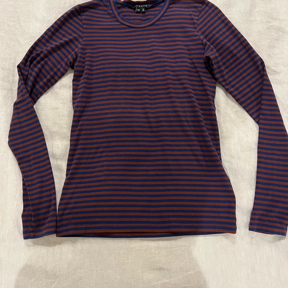 Theory Navy and Burgundy Striped Long Sleeve Tee - Picture 1 of 3